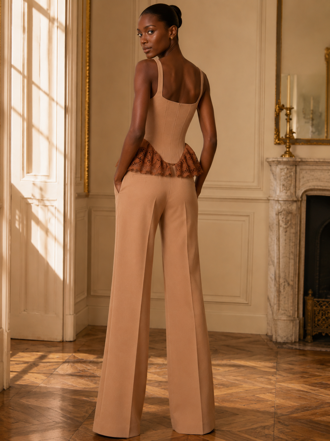 Solenne Camel Lace Peplum Corset