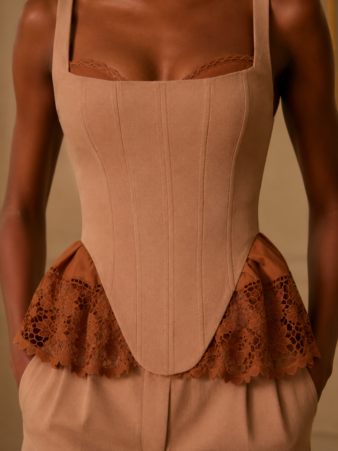 Solenne Camel Lace Peplum Corset