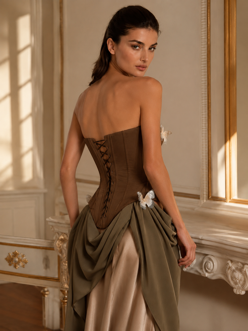 Aurelia Cocoa Butterfly Lace-Up Corset