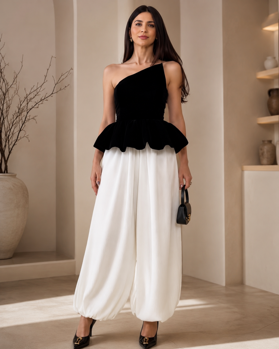 Élan Noir Asymmetric Velvet Peplum Corset Top
