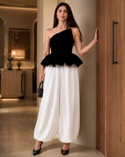 Élan Noir Asymmetric Velvet Peplum Corset Top