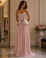 Roselle Floral Embroidered Corset with Beaded Peplum