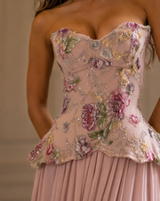 Roselle Floral Embroidered Corset with Beaded Peplum