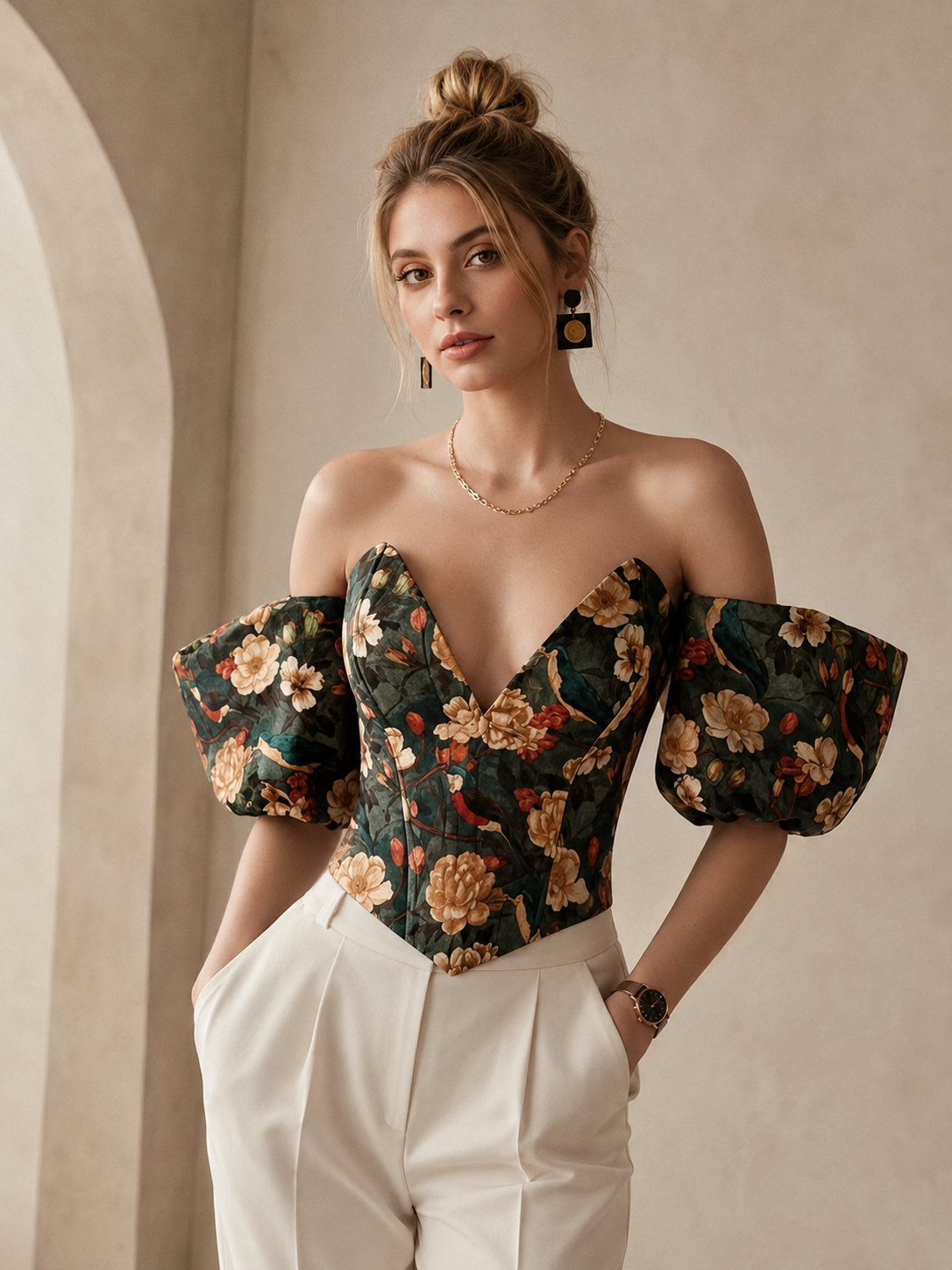 Virelle Emerald Bird & Floral Puff-Sleeve Corset