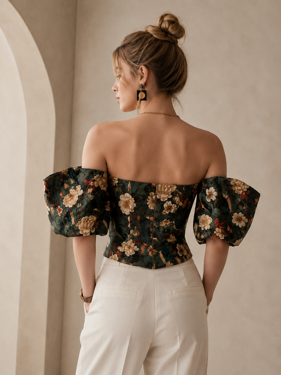Virelle Emerald Bird & Floral Puff-Sleeve Corset