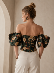 Virelle Emerald Bird & Floral Puff-Sleeve Corset