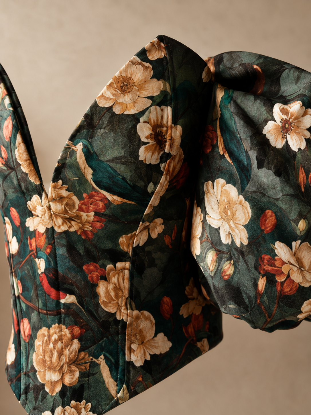 Virelle Emerald Bird & Floral Puff-Sleeve Corset
