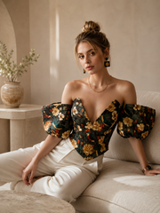 Virelle Emerald Bird & Floral Puff-Sleeve Corset