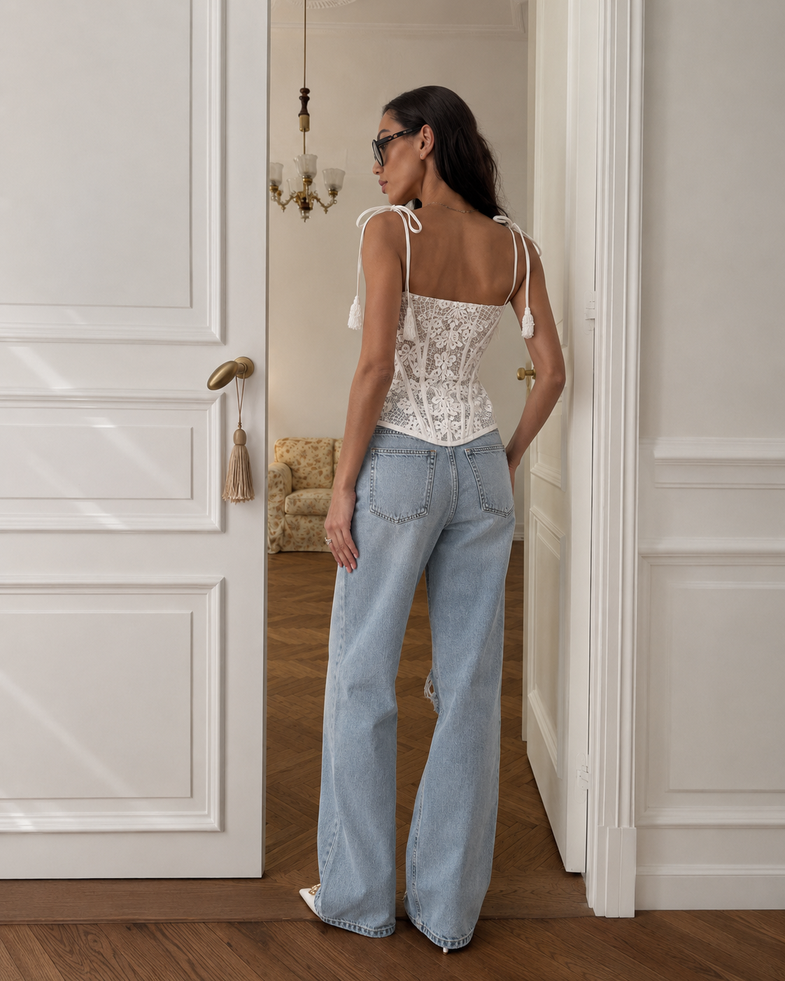 Seraphine Ivory Floral Lace Corset with Tassel Ties