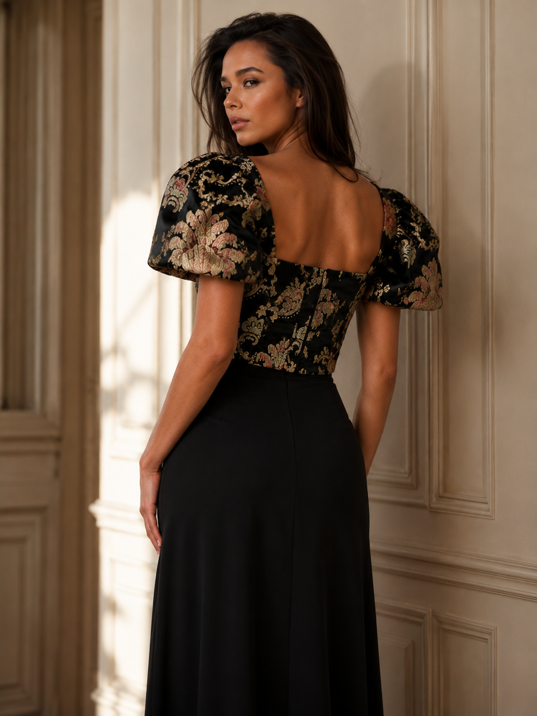 Seraphine Black Baroque Corset with Sculpted Puff Sleeves