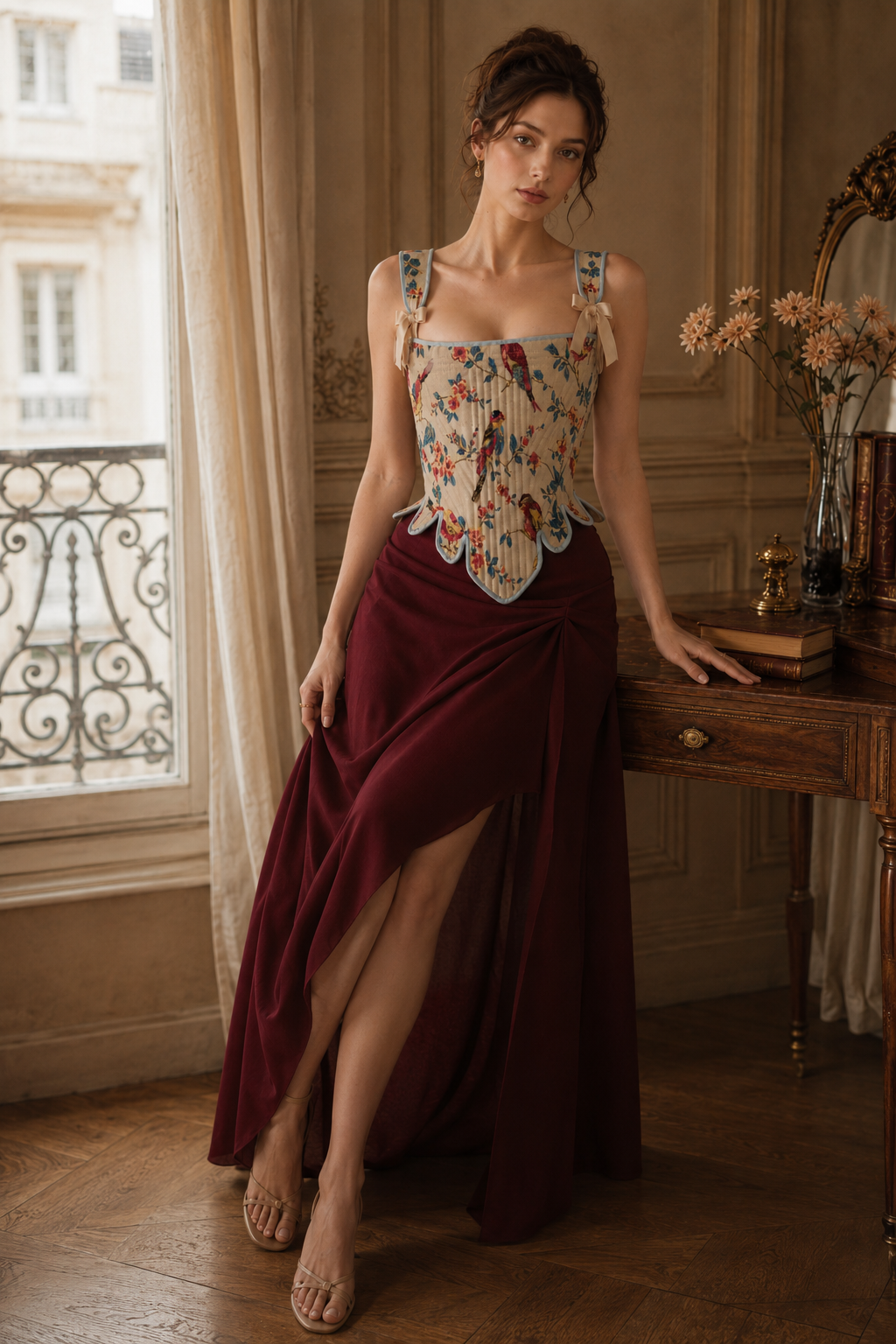 Aveline Birdsong Tapestry Corset with Scalloped Hem