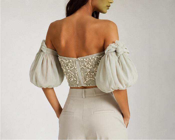 Celestine Pearl Corset with Organza Puff Sleeves