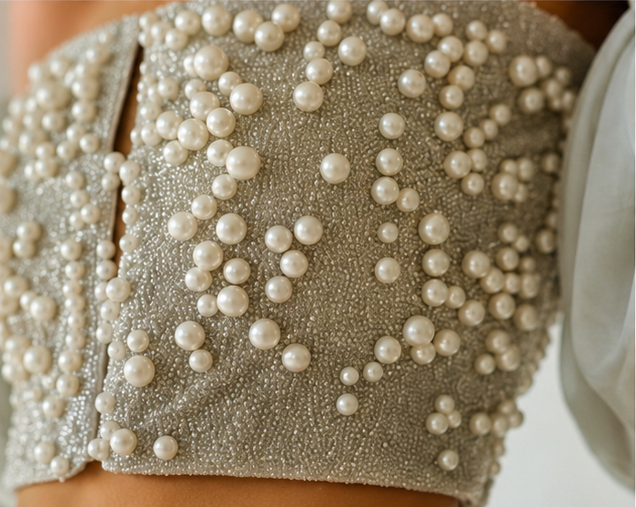 Celestine Pearl Corset with Organza Puff Sleeves