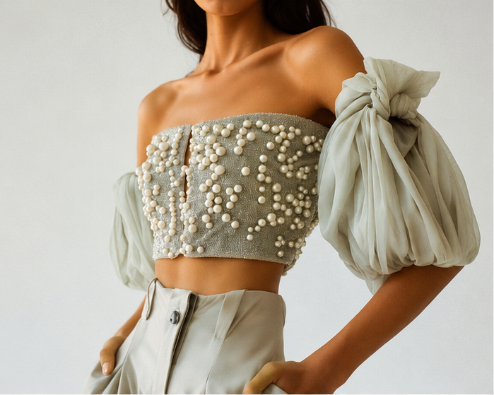 Celestine Pearl Corset with Organza Puff Sleeves
