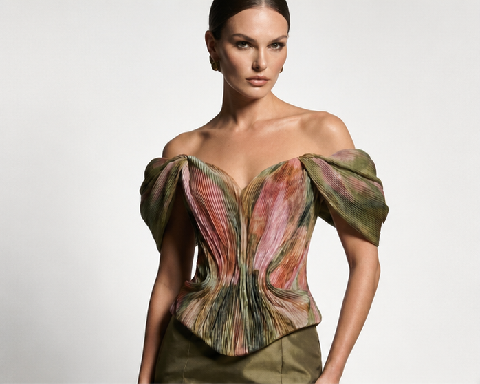 Aurelia Pleated Botanical Corset with Draped Sleeves