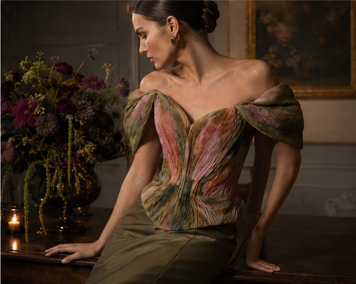 Aurelia Pleated Botanical Corset with Draped Sleeves